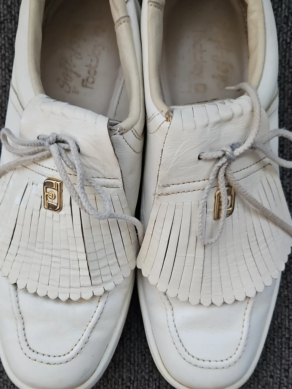 FootJoy White Leather Kiltie Lace-Up Loafers with Gold Accent